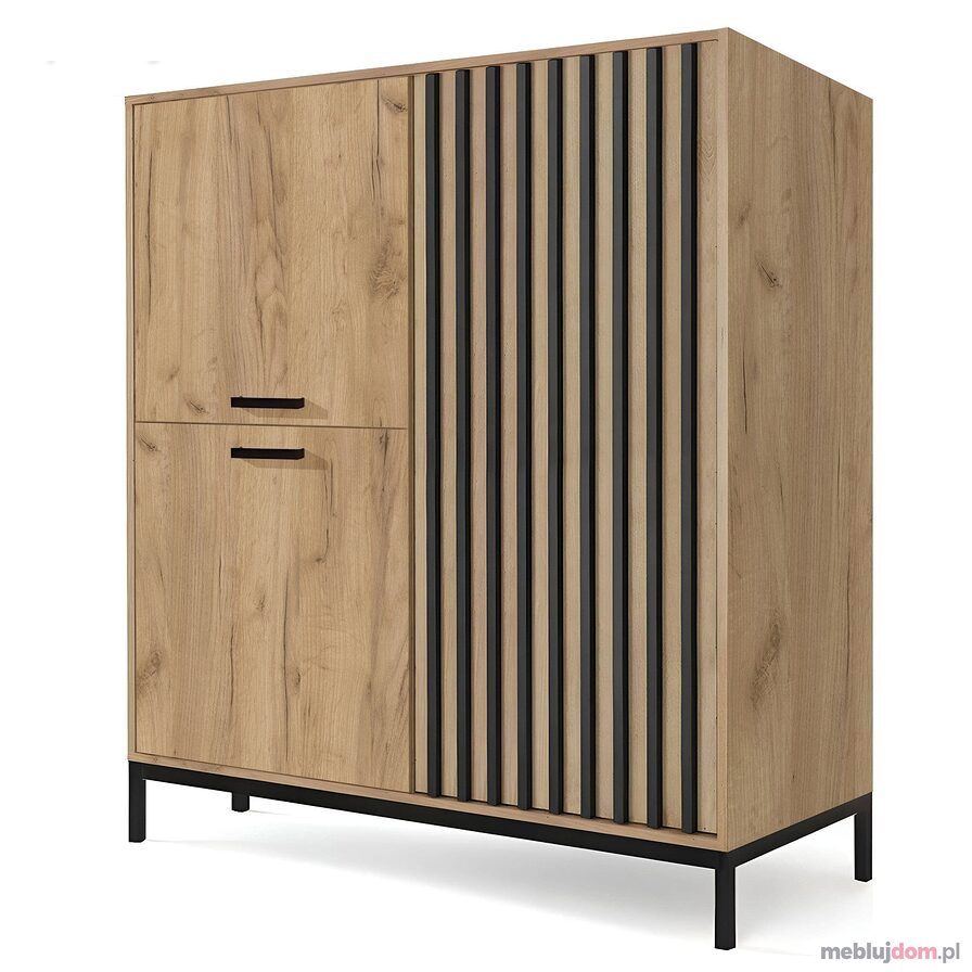 Wysoka komoda LAMINO KM-2 w odcieniu dębu craft zdobiona lamelami na czarnych nogach
