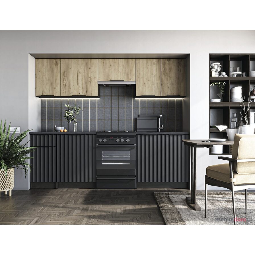 Zestaw mebli kuchennych EMMA 240 Halmar w odcieniu dębu artisan, czerni i carbon wood z ryflowanym frontem