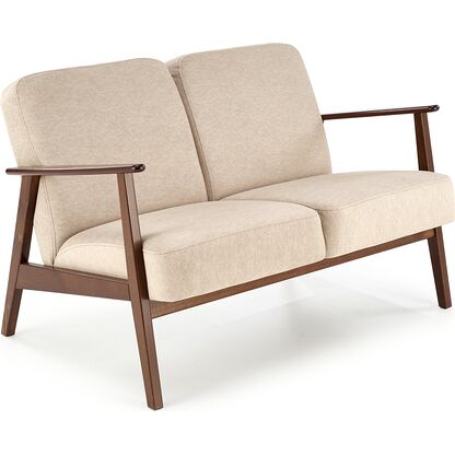 Drewniana sofa dwuosobowa MILANO 2S tapicerowana tkaniną CASTEL 15 w odcieniu beżowym w stylu PRL