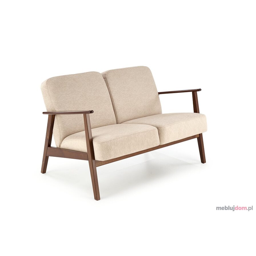 Drewniana sofa dwuosobowa MILANO 2S tapicerowana tkaniną CASTEL 15 w odcieniu beżowym w stylu PRL