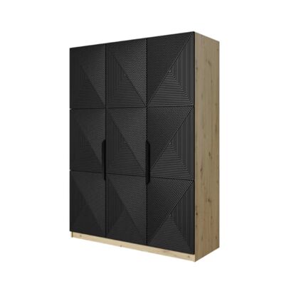 Trzydrzwiowa szafa ASHA 150 w odcieniu dębu artisan z czarnym ryflowanym frontem
