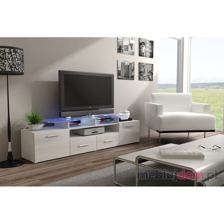 Szafka RTV EVORA WHITE Biały + biały połysk