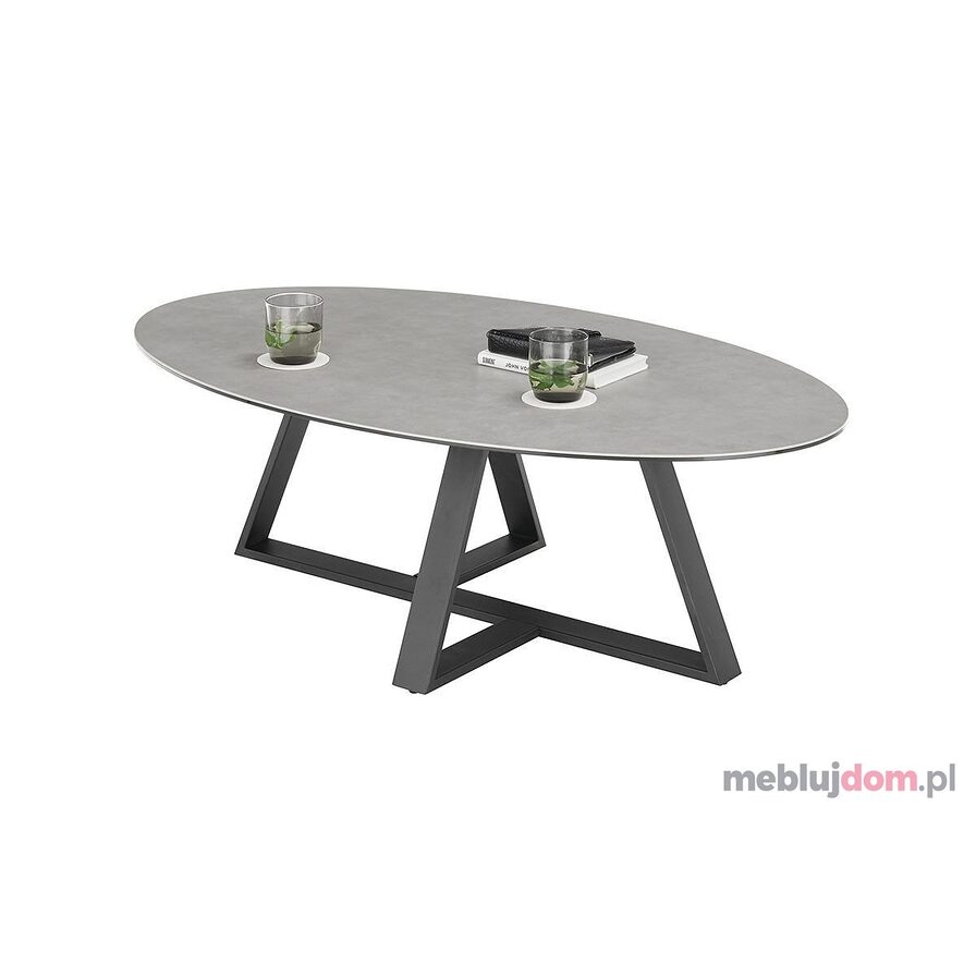 Owalny ceramiczny jasnoszary stolik kawowy ELBING na metalowej czarnej podstawie