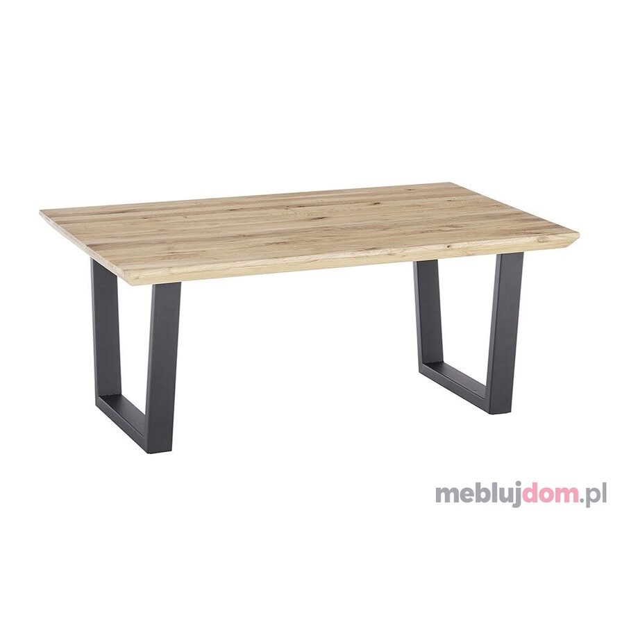 Dębowy stolik kawowy ASOLA V na metalowej czarnej trapezowej podstawie