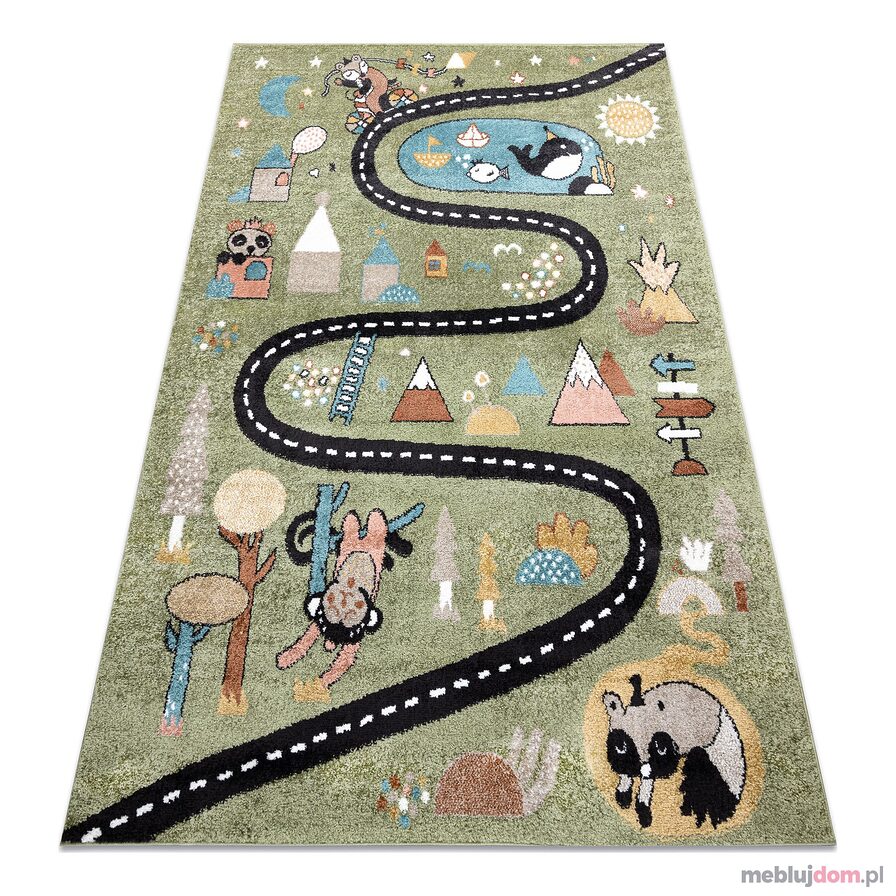 Dywan FUN Route dla dzieci, ulica, zwierzęta zielony