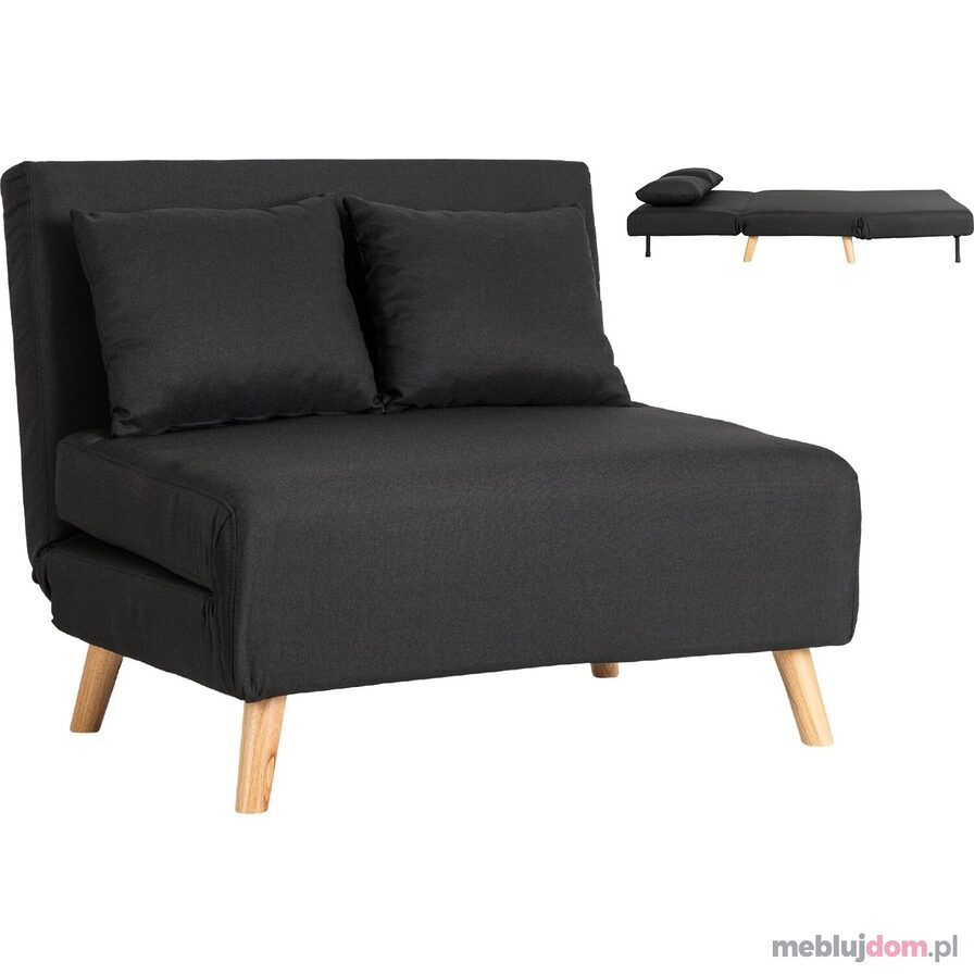 Czarna sofa rozkładana MARRY 2 z poduszkami na drewnianych nóżkach