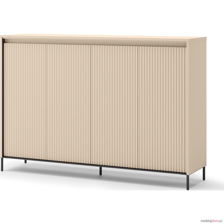 Czterodrzwiowa komoda TREND TG-04 w odcieniu beżu piaskowego zdobiona ryflowaniem z led na czarnych nóżkach