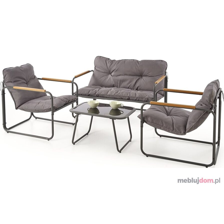 Zestaw ogrodowy HUDSON Halmar sofa 2x fotel i ława popielaty z brązowymi detalami