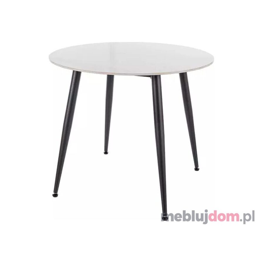 Stół ceramiczny okrągły RION Signal w odcieniu białego marmuru na czarnych metalowych nogach