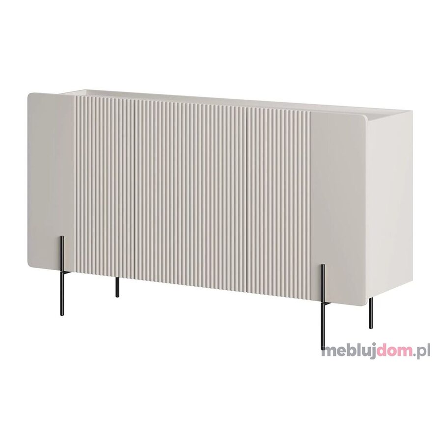 Trzydrzwiowa komoda MALMI 2 150 w odcieniu kaszmiru zdobiona ryflowaniem na czarnych metalowych nogach
