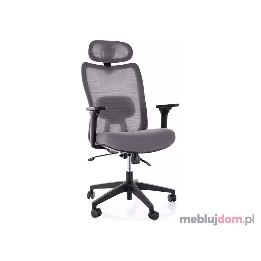 Szary fotel ergonomiczny Q-724H Signal z regulowanymi podłokietnikami, zagłówkiem i punktem podparcia lędźwi