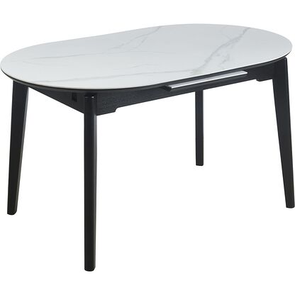 Owalny ceramiczny stół ST27-FX w odcieniu białego marmuru na czarnej drewnianej podsatwie