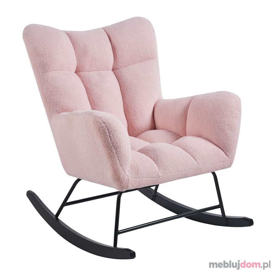 Różowy fotel bujany FR4-FX tapicerowany tkaniną teddy na czarnych płozach