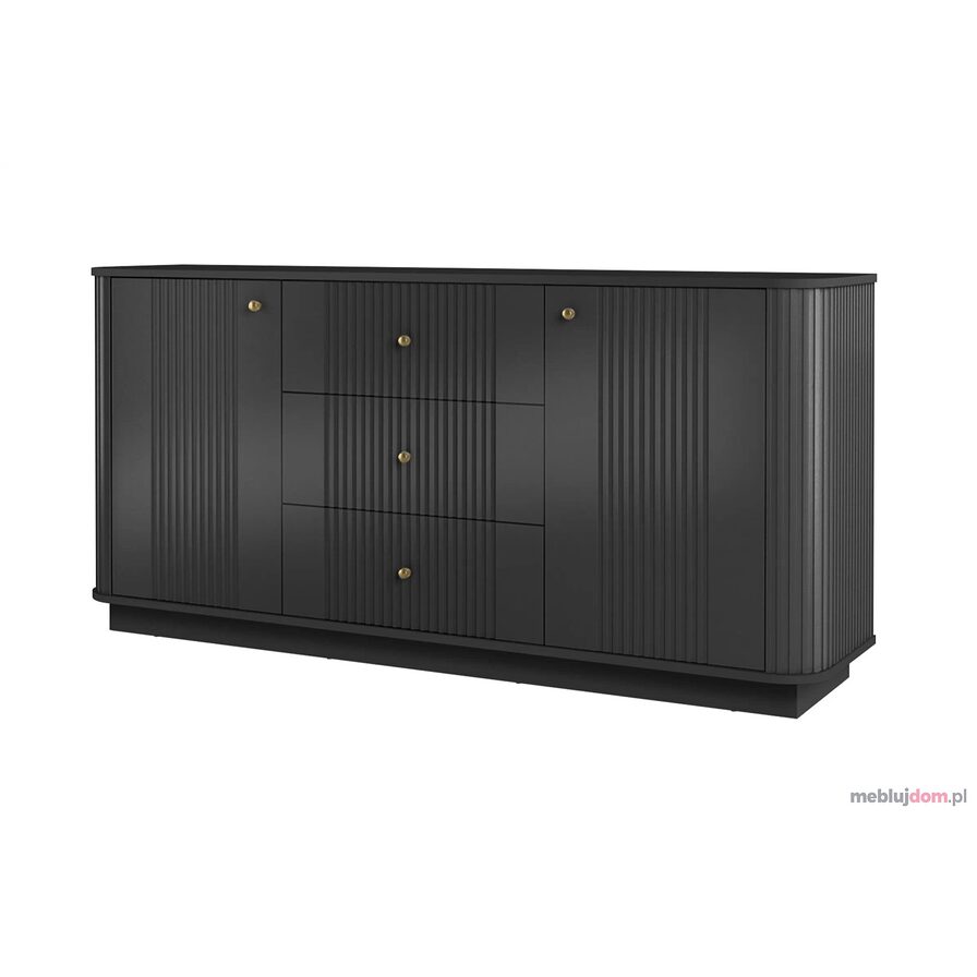 Czarna komoda na cokole VESPER 3 GOLD 160 2D3SZ złote uchwyty, ryflowania cichy domyk