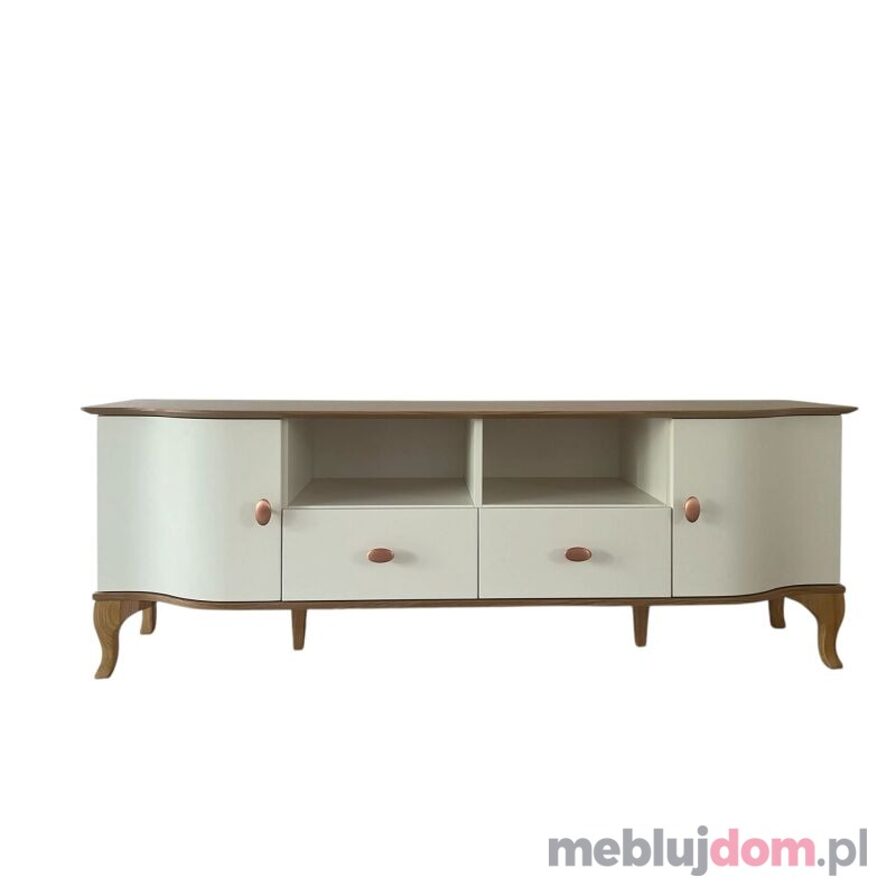 Biała szafka RTV MADERA DR01 na drewnianych nóżkach