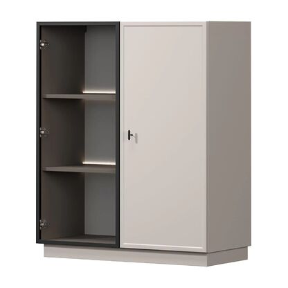 Witryna LORINI 100 w odcieniu kaszmir na cokole z czarnym uchwytem T-bar