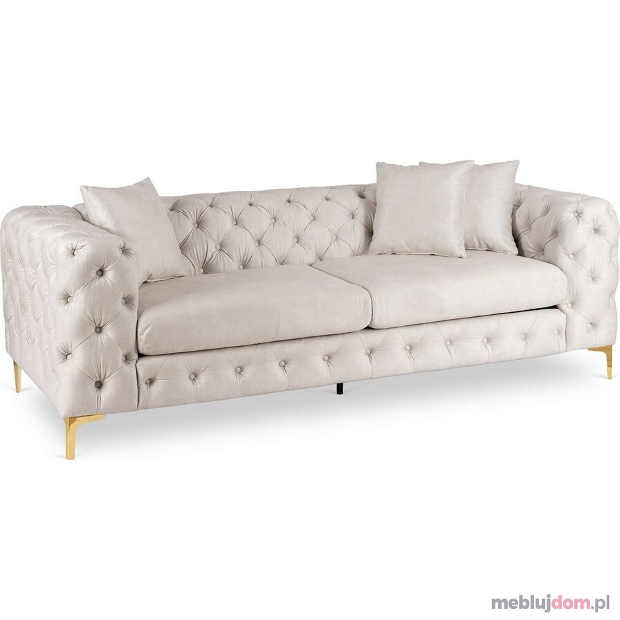 Kremowa sofa trzyosobowa na złotych nóżkach SORRENTO 3S pikowana