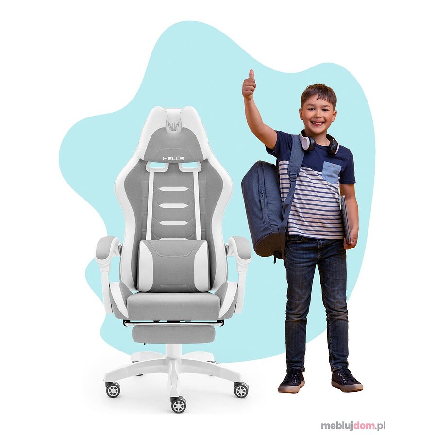 Fotel gamingowy HC- 1039 2.0 KIDS TKANINA w szaro- białym kolorze