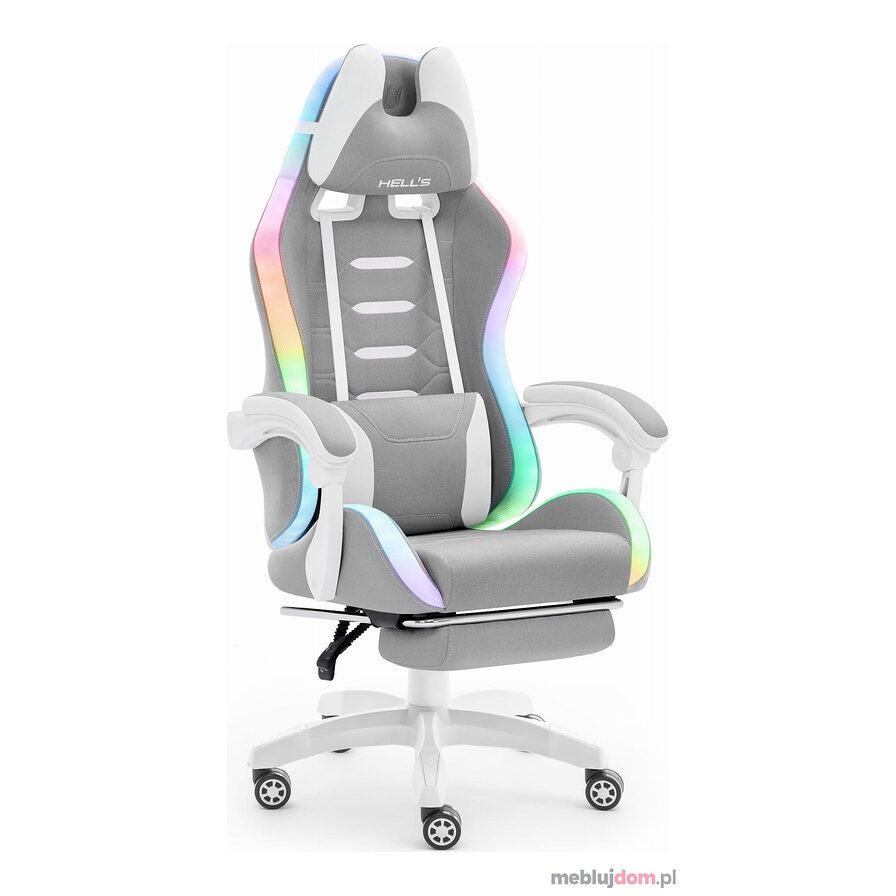 Fotel gamingowy z LED RGB HC- 1039 2.0 KIDS Tkanina szary na białym stelażu