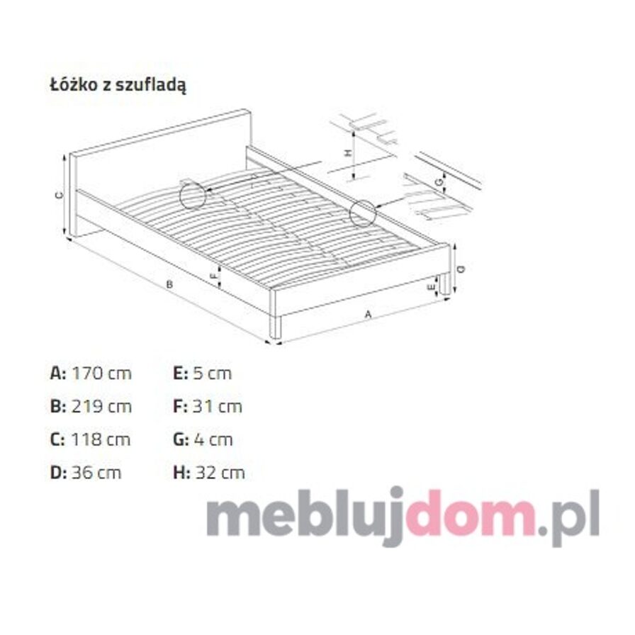 Łóżko AVANTI rysunek techniczny, wymiary