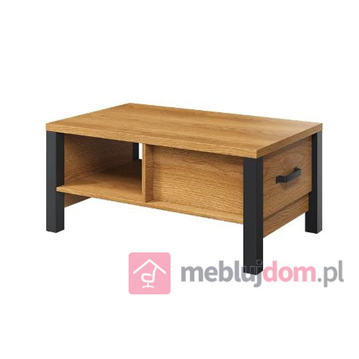 Stolik kawowy CARMELIN z szufladą i wnęką w kolorze dębu karmelowego z czarnymi detalami w industrialnym stylu 