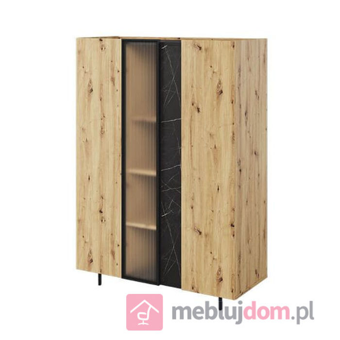 Wysoka komoda MARMO MR-05 z przeszkleniem na smukłych czarnych nóżkach