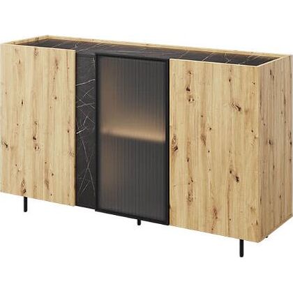 Komoda MARMO 150 MR-06 z przeszkleniem dąb artisan z imitacją czarnego marmuru