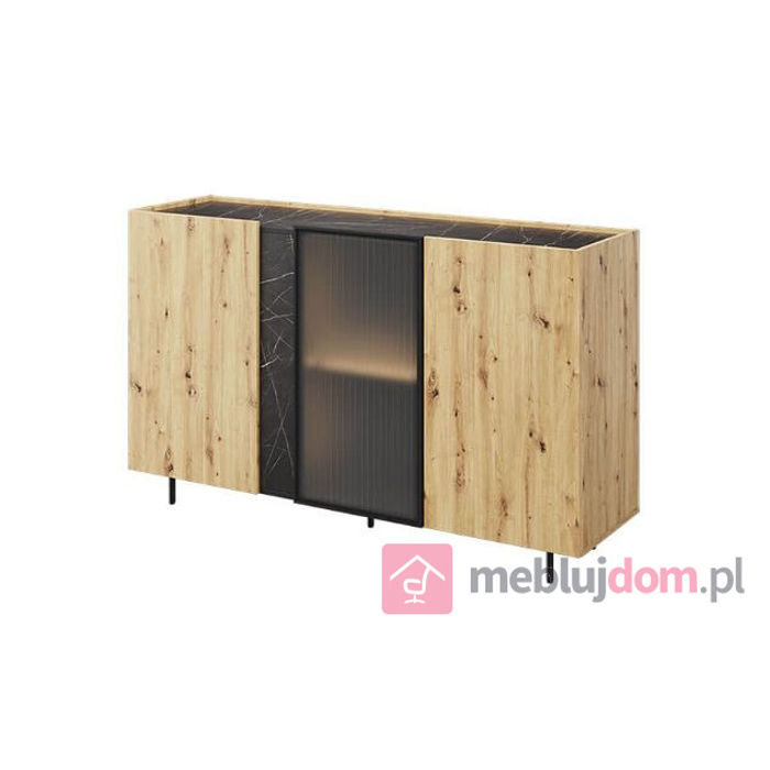 Komoda MARMO 150 MR-06 z przeszkleniem dąb artisan z imitacją czarnego marmuru