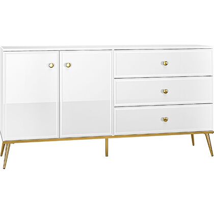 Komoda GOLDIN 04 160 biała w połysku z szufladami ze złotymi detalami