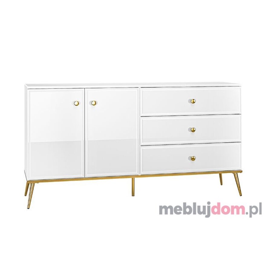 Komoda GOLDIN 04 160 biała w połysku z szufladami ze złotymi detalami