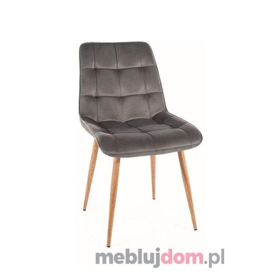 Krzesło CHIC D VELVET Signal szare w tkaninie bluvel 14 na metalowym stelażu w kolorze dębu