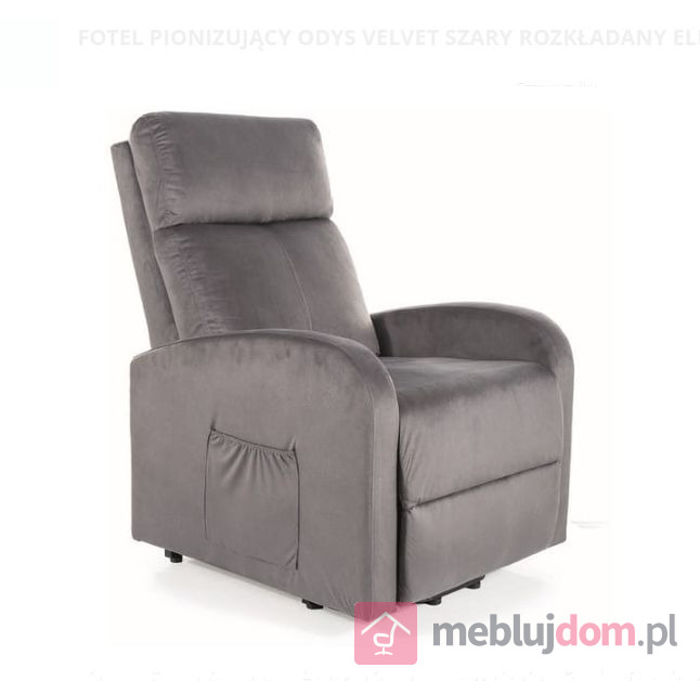 Fotel relaksacyjny szary ODYS VELVET Signal z funkcją pionizacji, rozkładany elektrycznie